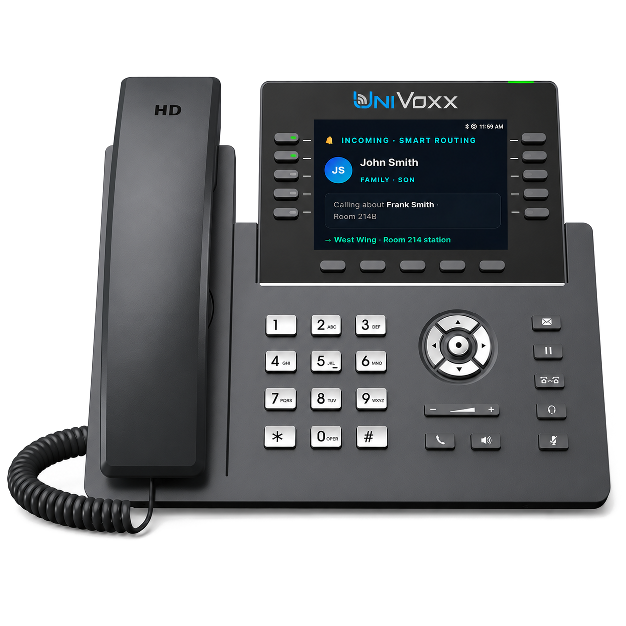 UniVoxx desk phone showing an incoming family call routed by the PointClickCare Marketplace integration