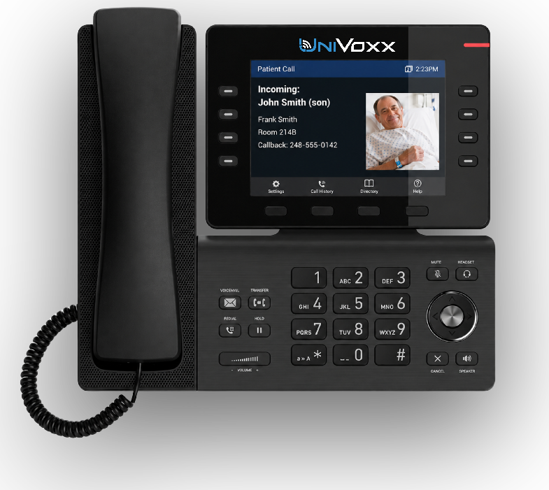 UniVoxx desk phone showing EMR caller context - incoming family call routed to the resident's room